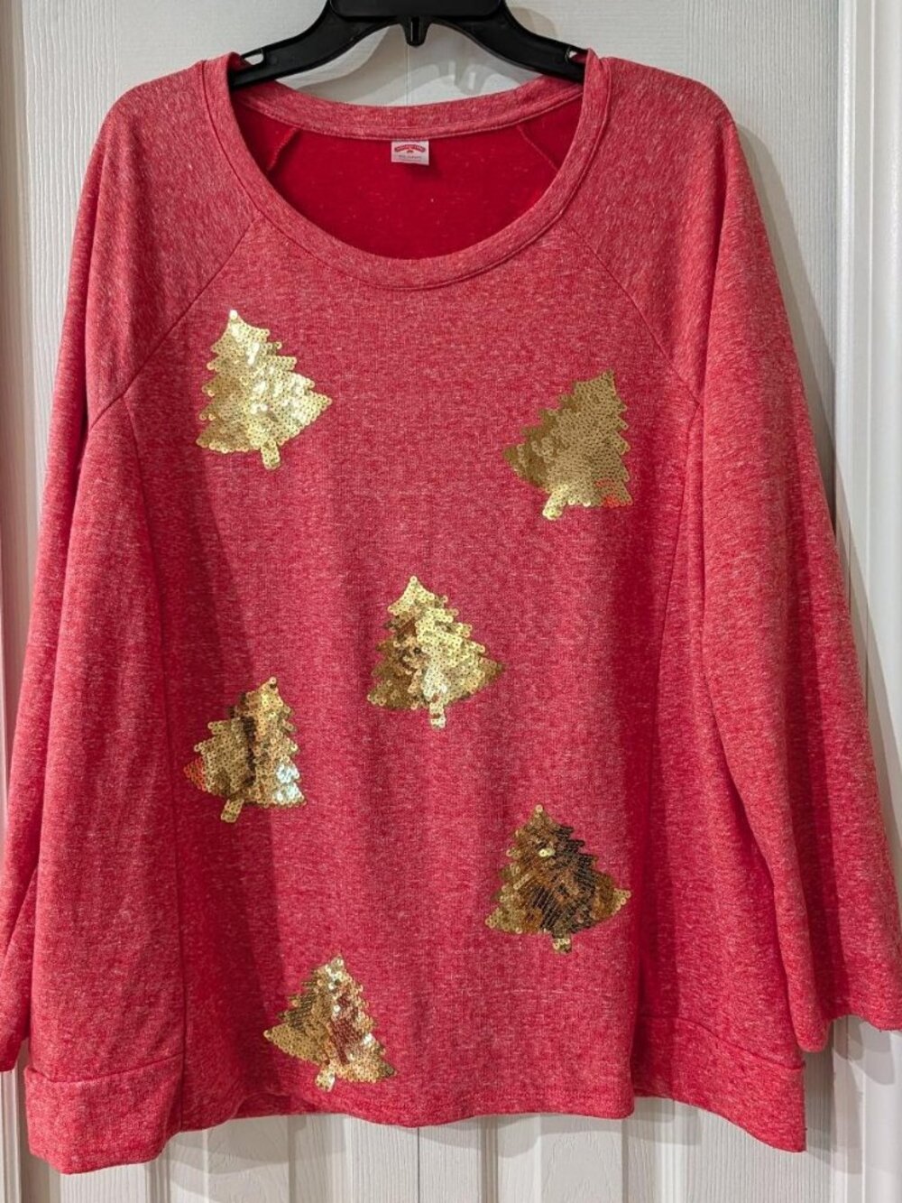 Holiday Time Womens Red Gold Sequin Trees Long Sleeve Holiday Sweatshirt 0X